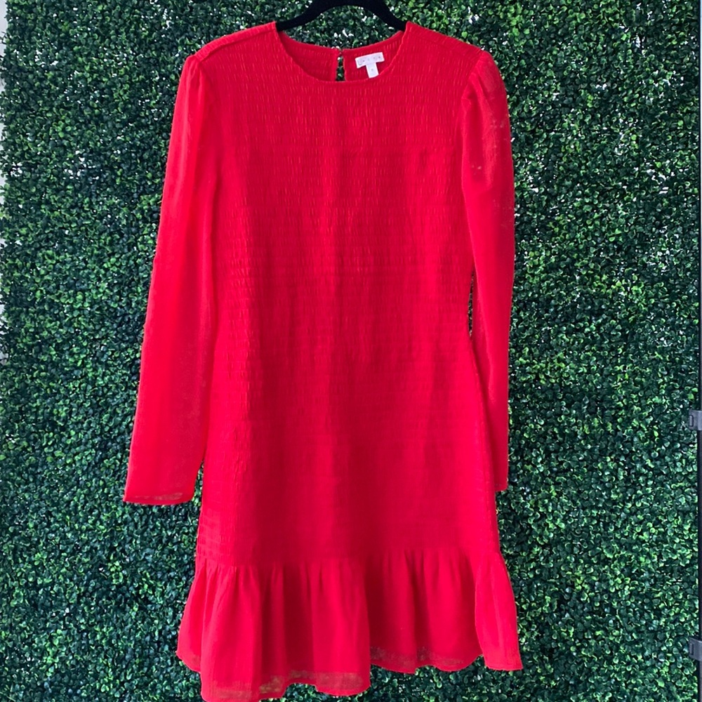 Leith, long sleeved mini dress, ruffled edge, crew neck, red!